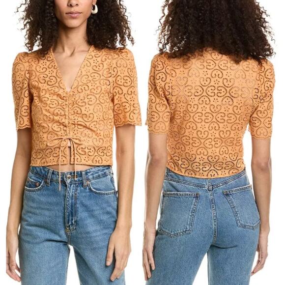 Sandro Eyelet Puff Sleeve V-Neck Crop Blouse Top Burnt Orange Women's Size 1 / S - Picture 1 of 5